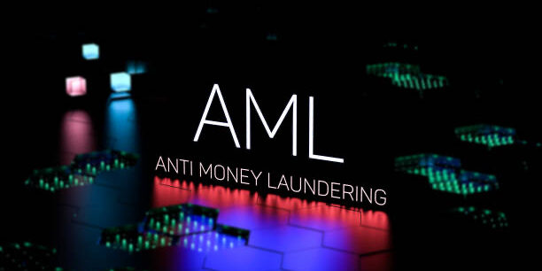 AML Anti Money Laundering text, acronym neon on digital background. AML concept, banner. 3D render